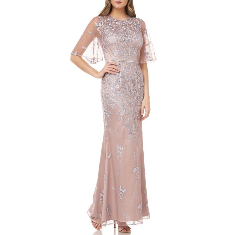 JS Collection Womens Embroidered Flutter Sleeve Gown Dress, Beige, NWT